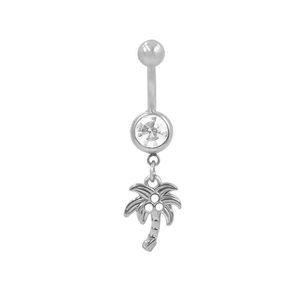Detail of a stainless steel belly ring featuring a coconut tree charm and clear zircon stone