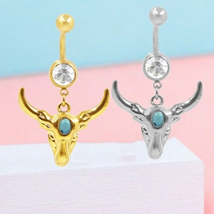 Piercing ombelico boho a testa di toro in oro e argento con turchese e zircone