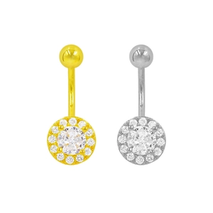 Detalle de piercings de ombligo en oro y plata con cristales de circonita redondos