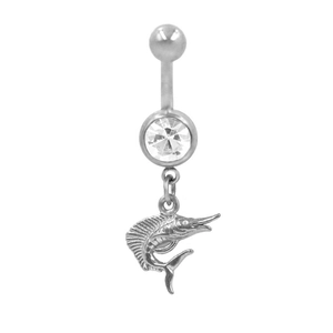 Detailed close-up of a marlin fish pendant belly ring with clear cubic zirconia stone