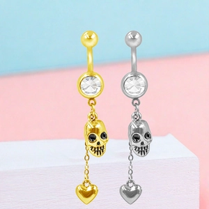 Piercing ombelico punk a teschio oro e argento con zircone e ciondolo a cuore rifinito