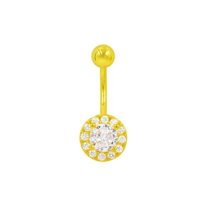 Vista de primer plano de piercing para ombligo dorado con circón central y diseño de flores