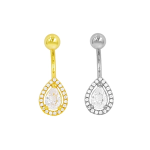 Piercings de ombligo en oro y plata con circonita en forma de gota y diseño halo