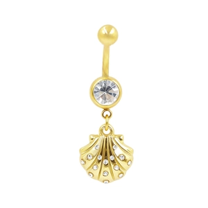 Detail view of gold navel ring featuring clear crystal and shell pendant with micro-inlay