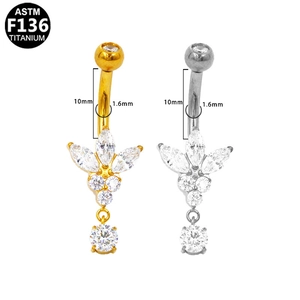 Piercing ombligo titanio F136 con mariposa de circonitas y colgante de gota