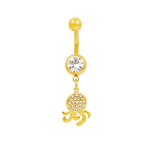 Detailed view of a gold jellyfish navel ring with sparkling cubic zirconia inlay
