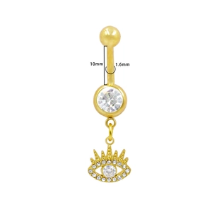 Detail of 1.6mm gold belly ring featuring sparkling cubic zirconia and evil eye charm