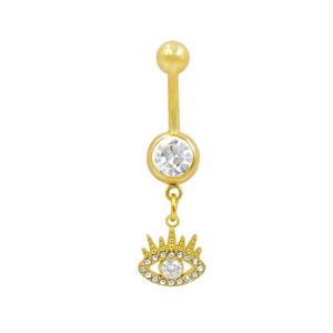 Detailed close-up of golden stainless steel belly ring with evil eye and zircon charm