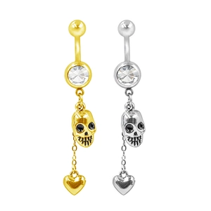 Piercing ombelico con teschio e cuore in acciaio inossidabile oro e argento