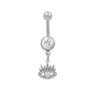 Detailed view of silver stainless steel navel piercing with a sparkling evil eye pendant