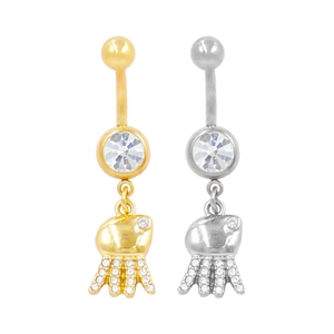 Detailed close-up of jellyfish navel rings in gold and silver with sparkling crystals