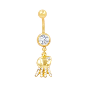 Detailed view of golden jellyfish belly button ring with sparkling zircon and tentacles