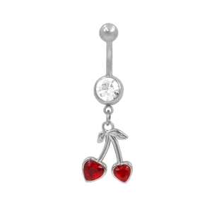 Dettaglio piercing ombelico a ciliegia con gemme rosse a cuore e gambo in acciaio