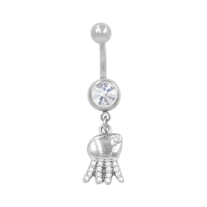 Detailed macro view of silver belly ring with zircon stone and sea creature pendant