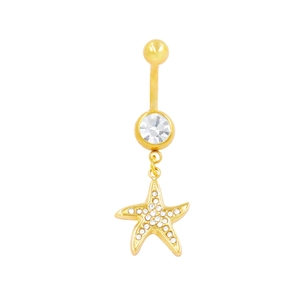 Macro view of golden stainless steel navel ring with crystal stud and starfish pendant