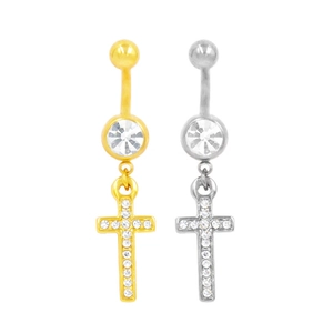 Set piercing ombelico in acciaio inox oro e argento con zirconi e pendente croce