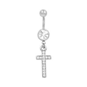 Piercing all'ombelico argento con ciondolo a croce in acciaio e cristalli scintillanti