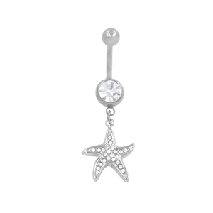 Close-up of silver starfish navel ring featuring sparkling crystal zircon pavé