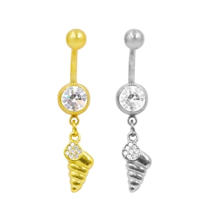 Conch shell stainless steel belly button ring set with pave crystals in gold and silver