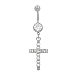 Dettaglio del piercing all'ombelico in acciaio inossidabile con croce e zircone