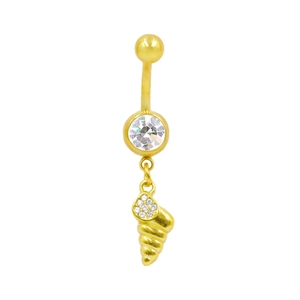 Detail of a golden navel ring featuring a large rhinestone and a sea conch shell pendant