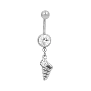 Detailed close-up of a stainless steel navel ring with a conch pendant and zircon stones