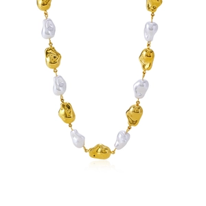 Elegant gold lava metal and white baroque pearl necklace with a modern artistic design