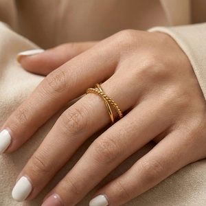 Minimalist 316L Stainless Steel Open Ring For Women 18K Gold Plated Double Layer Twisted Rope Cross Adjustable Finger Ring