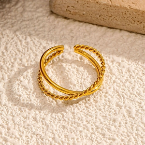 18k gold plated stainless steel twisted rope double layer open ring for women