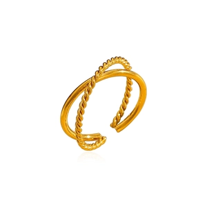 18k gold plated stainless steel twisted rope ring with a double layer cross design