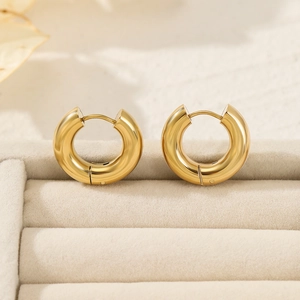 Minimalist 14K gold plated stainless steel chunky hoop earrings on velvet display box