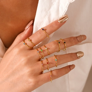 Set of minimalist gold titanium steel rings with multi-colored crystals on model's hand