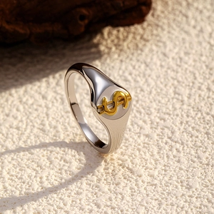 Detailed macro shot of a signet ring with a golden dollar sign on polished steel
