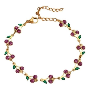 18k goud vergulde roestvrijstalen kersenarmband met paarse pailletten en groene blaadjes
