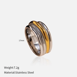 Detailed view of 17mm stainless steel ring with gold hammered texture and 7.2g weight