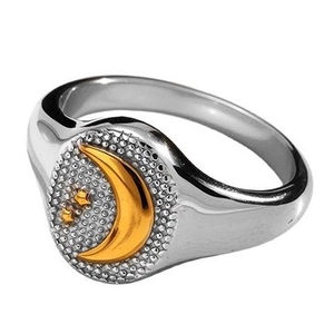Minimalist 18k gold plated stainless steel star and moon ring with textured silver band