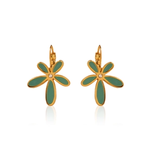 Boucles d'oreilles fleur dorées avec émail vert et zircon sur fond blanc pur