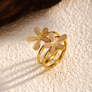 Vintage 18K gold plated stainless steel double flower ring with pink enamel petals