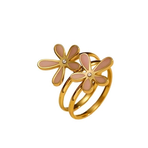 Vintage 18K gold plated stainless steel ring with two pink enamel flowers and small diamonds