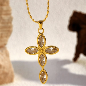 Polished 18K gold plated stainless steel cross necklace with marquise-cut zircon stones