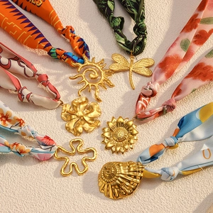 Elegant Stainless Steel Scarf Necklace For Women With Multi Pendant Marine Style Satin Ribbon Choker Shell Dragonfly Sunflower Gold Jewelry