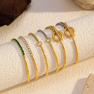 Bracelet Jonc en Acier Inoxydable Plaqué Or Zircone Gemme Verte Fermoir OT Bicolore Rétro Bijoux de Main Pour Femme