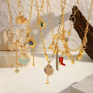 Collier Pendentif Bohème en Acier Inoxydable Plaqué Or Coquillage Étoile de Mer Soleil Lune pour Femme Bijoux de Luxe