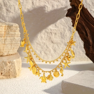 Collier multicouche en acier inoxydable plaqué or 18K avec pendentifs étoile de mer et mer