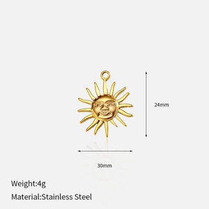 Macro detail van de zon hanger in 18k verguld roestvrij staal, 30mm breedte