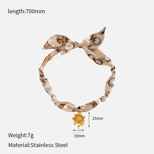 Silk scarf necklace with golden sunflower pendant showing exact dimensions and weight