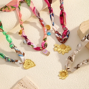 Bohemian silk scarf necklaces with gold heart, sun enamel and floral pendants