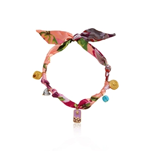 Bohemian floral silk scarf necklace with gold sun coin and turquoise stone pendants