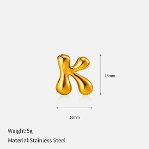 Polished gold letter K pendant in stainless steel with detailed dimensions and weight