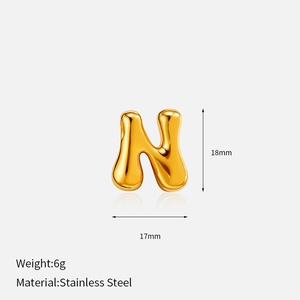 Detailed view of gold stainless steel letter N pendant with dimensions 18mm by 17mm